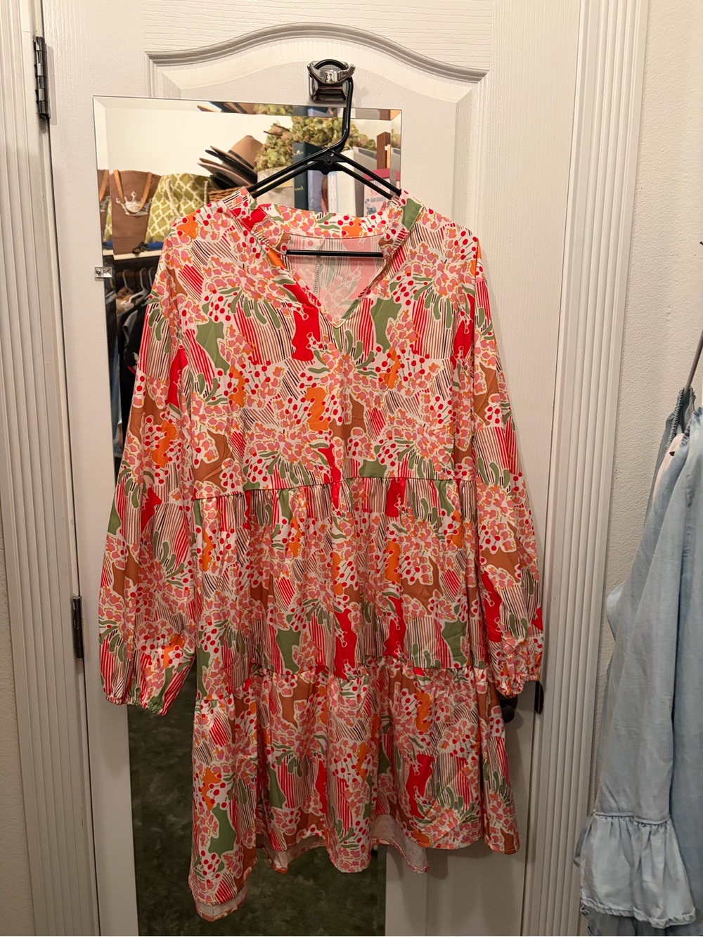 Vibrant Floral Tiered Long Sleeve Dress - Red, Green & Cream